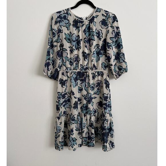 Other Dresses & Skirts - 100% Silk Floral Dress Blue Cream Romantic Tiered Size L